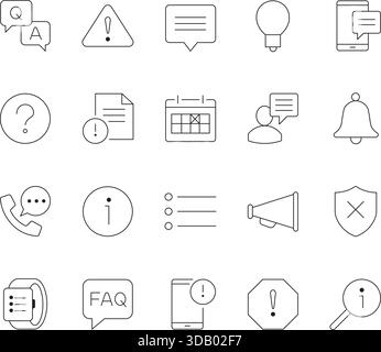 Information and Warning Line Icons Set. Collection of Outline Symbols for Notifications, Alerts, Support, Security, and Important Communication. Stock Vector
