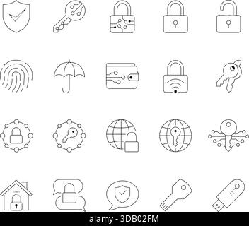 Security Line Icons Set. Collection of Outline Symbols for Protection, Cyber Security, Digital Safety, Access, and Data Encryption. Stock Vector