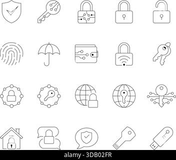 Security Line Icons Set. Collection of Outline Symbols for Protection, Cyber Safety, Digital Access, Privacy, and Data Encryption. Stock Vector