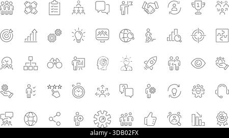 Team Work Line Icons Set. Collection of Outline Symbols for Business Collaboration, Success, Leadership, Strategy, and Corporate Goals. Stock Vector