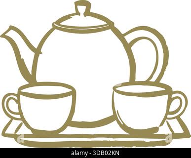 A warm line illustration of a teapot and matching teacups arranged on a serving tray. Stock Vector