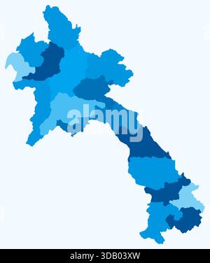 Map of Laos with regions. Just a simple country border map with region division. Light blue color palette. Stock Vector