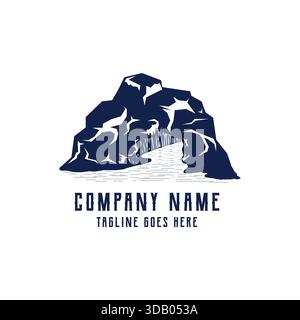 Cave rock formation logo, outdoor adventure emblem, river water stream entrance, nature landscape graphic, exploration travel symbol, mountain cavern Stock Vector