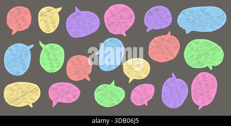 Hand drawn chalk speech bubbles, sketch style comic balloons with grunge texture, crayon doodle frames isolated on black background perfect for Stock Vector