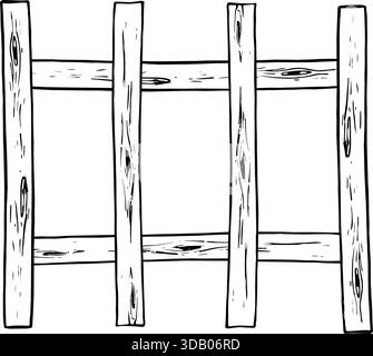 Wooden fence. Black and white vector illustration drawn by hand. Simple illustration of a wooden fence with horizontal and vertical light brown wooden Stock Vector