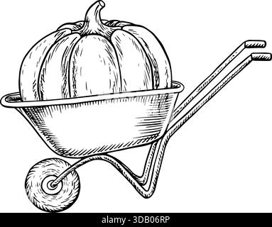 A huge and heavy pumpkin loaded onto a wheelbarrow. Vector graphics. Black and white hand-drawn illustration. For vegetable contests, harvest Stock Vector