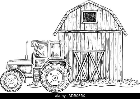 Farmyard. Barn and tractor. Black and white vector illustration drawn by hand. Concept of agricultural industry. Design element for banners, labels Stock Vector