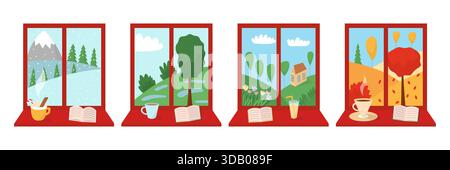 Set of windows with weather landscapes Stock Vector
