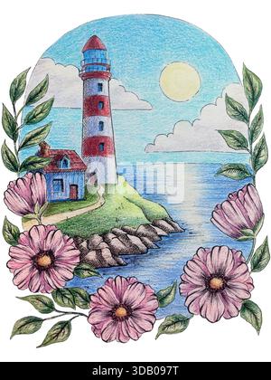 Lighthouse on the coast surrounded by flowers. Colored pencils illustration Stock Vector