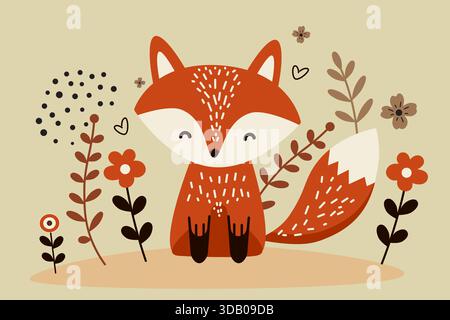 Adorable cartoon fox friendly looking, sits amidst stylized flowers, leaves, and hearts on a warm beige background. Perfect for children's designs, na Stock Vector