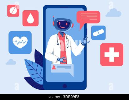 Illustration of a friendly robot doctor appearing on a smartphone screen, symbolizing modern healthcare and digital telemedicine services. Includes he Stock Vector