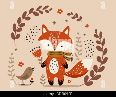 Adorable cartoon fox friendly looking, sits amidst stylized flowers, leaves, and hearts on a warm beige background. Perfect for children's designs, na Stock Vector