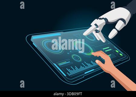 Abstract human hand and a robotic hand collaborate on a glowing, futuristic touchscreen displaying data charts and graphs. Symbolizes  digital transfo Stock Vector