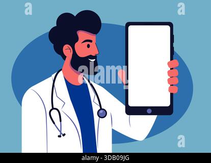 Healthcare professional, male doctor wearing a white coat and stethoscope, holding a smartphone in hand. The background features soft shapes, emphasiz Stock Vector
