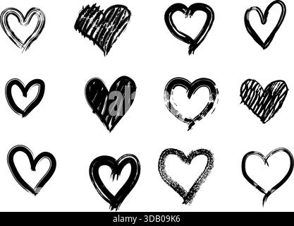 Collection of unique, hand drawn heart shapes in black ink on a isolated background. Features various styles from simple outlines to scribbled fills, Stock Vector