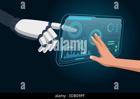 Abstract human hand and a robotic hand collaborate on a glowing, futuristic touchscreen displaying data charts and graphs. Symbolizes  digital transfo Stock Vector