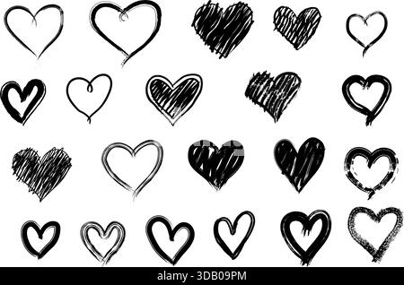 Collection of unique, hand drawn heart shapes in black ink on a isolated background. Features various styles from simple outlines to scribbled fills, Stock Vector