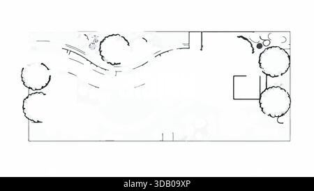 Architectural landscape plan drawing with trees and curved lines on a white background, top view. Stock Vector
