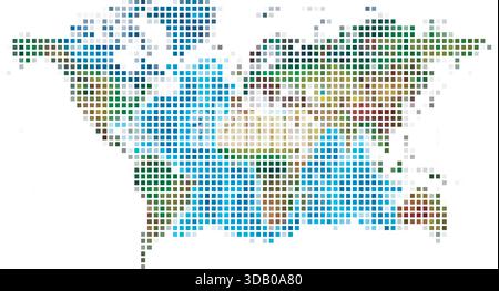 Pixelated world map illustration with blue, green, and brown squares on a white background, representing global data or digital connectivity. Stock Vector