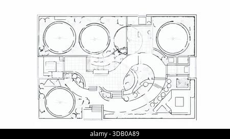 Architectural landscape plan drawing with circular elements, pathways, and planting areas on white background. Stock Vector