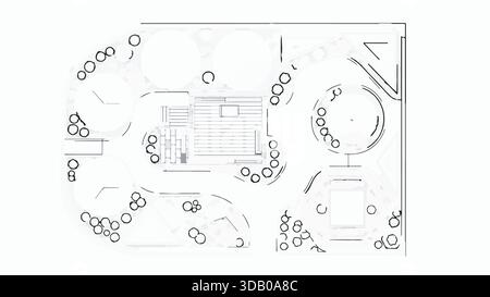 Architectural landscape plan drawing with trees, shrubs, and hardscaping elements on a white background, top-down view. Stock Vector