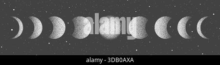 Stipple-textured moon phases show lunar cycle from crescent to full. Stock Vector