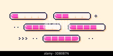 Pixel percentage scale. Magenta loading process bars. Stock Vector