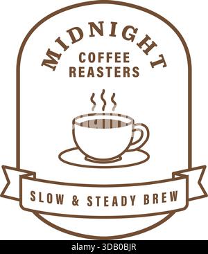 A vintage circular badge with steaming coffee cup and wording midnight coffee roasters slow and steady brew. Stock Vector