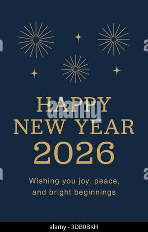 A dark blue greeting card with sparkling fireworks and bold Happy New Year 2026 message. Stock Vector