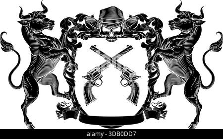 Cowboy Skull Guns Crest Coat of Arms Shield Design Stock Vector