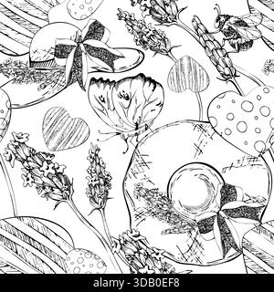 Lavender ribbon bows on straw sunhats, rustic hearts, butterflies, single lavandula flowers. Seamless pattern hand drawn in vector ink. Natural remedy Stock Vector