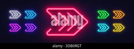 A bold neon arrow made of layered glowing lines in vivid pink tones. The sharp geometry creates a strong sense of motion and visual emphasis. Stock Vector