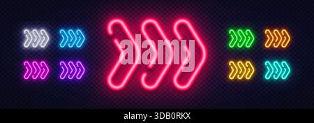 A dynamic neon arrow composition with glowing curved shapes in bright colors on a dark transparent background. The bold lines create a sense of speed Stock Vector
