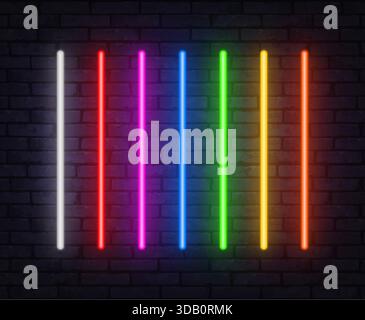 Vertical neon light tubes in multiple bright colors glow against a dark brick wall. The clean arrangement creates a modern background with a strong Stock Vector