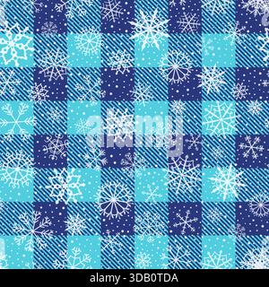 Blue buffalo check vector seamless pattern with snowflakes, Plaid background for holiday graphic design Stock Vector