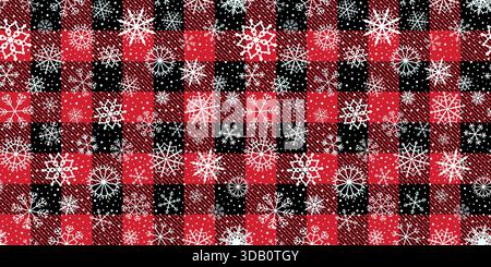 Winter and Christmas red and black buffalo plaid Lumberjack snowflake, snow seamless vector pattern, holiday background Stock Vector
