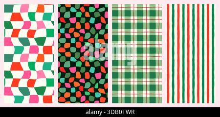 Green and Red Christmas Seamless Vector Patterns Set, Wavy Distorted Plaid, Watercolor Check and Vertical Stripes Backgrounds Stock Vector