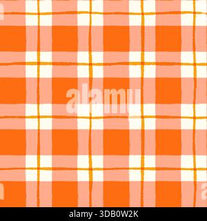 Hand Painted Orange Check Seamless Vector Pattern, Wavy Irregular Plaid Background for Autumn, Harvest and Thanksgiving Designs Stock Vector
