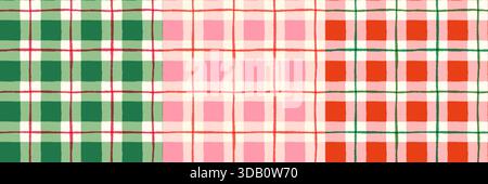 Red, green and pink check pattern vector set for Christmas backgrounds, textile and paper design Stock Vector