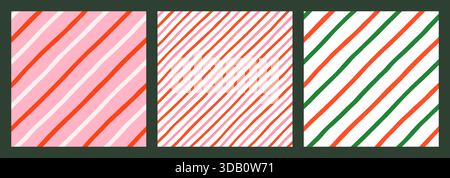 Diagonal stripes seamless vector pattern set in red, green and pink, Cute candy cane Christmas holiday backgrounds Stock Vector