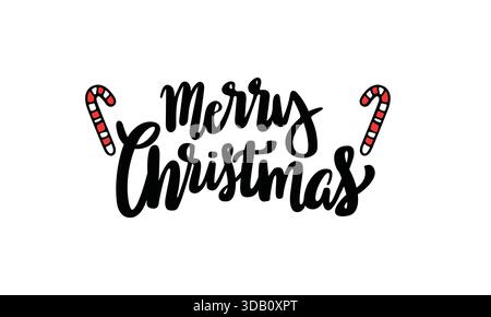 Merry Christmas Hand Lettering with Candy Canes, Festive Holiday Typography Vector Stock Vector