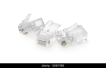 Several new transparent network plugs isolated on white. Stock Photo