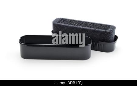 New black shoe opened cleaning sponge isolated on white. Stock Photo