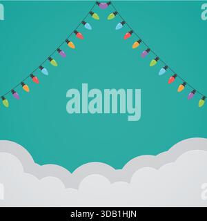 Colorful Christmas String Lights Background with Cloud Paper Cut Style Vector Stock Vector