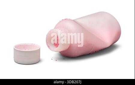 crushed medicine bottle with cap isolated white background, pink granular pediatric antibiotic residue scattered, side view with soft shadows Stock Photo