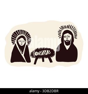 Hand drawn biblical holy family nativity characters Mary, Joseph and the baby Jesus christ child in crib. Isolated vector icon for christmas bible Stock Vector