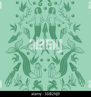Mermaid man ocean fantasy border with sea creatures vector nautical illustration design Stock Vector