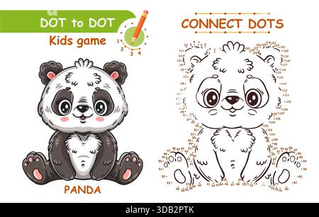Cute panda bear animal character, connect dots number children education puzzle game. Draw picture join dotted line. Coloring page. Kid learning task Stock Vector