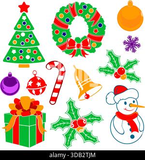 Set Christmas Icons in flat style and vintage colors with Tree, Snowman, Candy, Snowflake, vector isolated on white Stock Vector