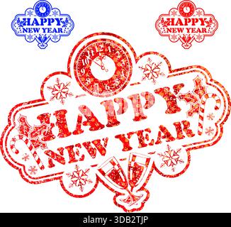 New Year Stamp with Clock and Glass isolated on white, vector illustration Stock Vector